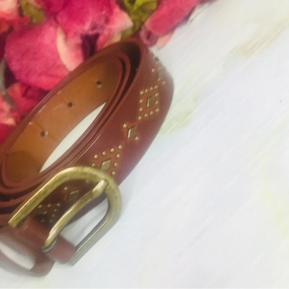 Brown Western Style Leather Belt with Brass Studs